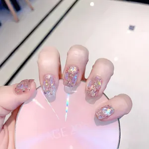 Uñas Postizas a Presión Aurora Brillantina Hechas a Mano Strass Brillante Estilo Caramelo Cortas Cuadradas Redondas Fiesta