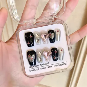 Handmade Press On Nails Black Pink Heart Ball Sweet Cool Style Rhinestone Mirror Star Short Trapezoid Fake Nails For Women