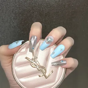 Handmade Coffin Shape Press-on Nails Blue Silver Star Heart Rhinestone Luxury Y2K Fake Nails For Women Daily Party Jewelry