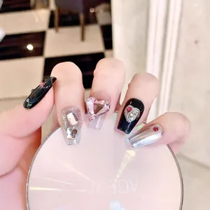 Handmade press-on nails with 3D pink heart crystals and silver glitter in sweet cool style