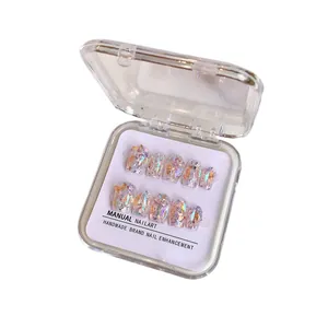 Juego de 10 uñas postizas hechas a mano con purpurina aurora en caja transparente