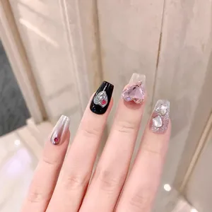 Dark pink heart ball press-on nails with glitter rhinestones and 3D gemstones