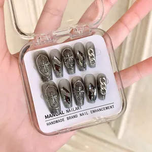 Handmade coffin press-on nails with grey gradient and silver chrome cross charms