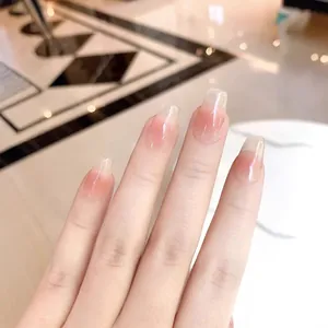 Elegant long square gradient pink blush press-on nails with a high gloss finish
