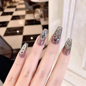 Gothic style long trapezoid press-on nails with silver crosses and chains decoration