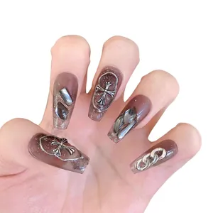 Handmade coffin press-on nails with dark brown gradient and silver chrome gothic cross