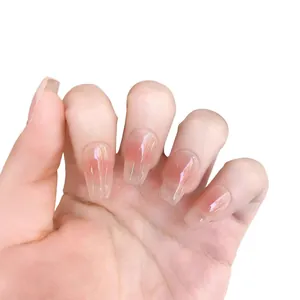 Glossy pink gradient blush coffin nails in long coffin shape with sheer finish