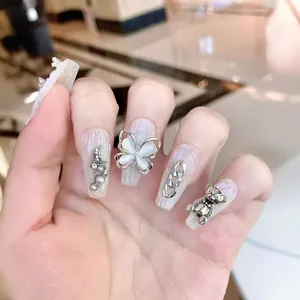 Baroque press-on nails with crystal butterfly and 3D silver bear design in lavender pearlescent