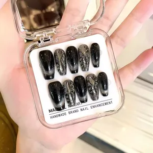 Handmade Luxury Black Cat Eye Press On Nails Coffin Long Rhinestone Fake Nails Reusable Starry Glossy Finish Artificial Nail Art