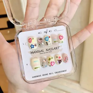 Handmade Y2K Sweet Heart Star Press On Nails Vintage Short Squoval Hand Painted Rhinestone Decoration Women Decorative Nail Art