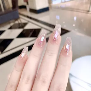 Handmade press-on nails with long trapezoid shape, glitter sequins and gold wire details