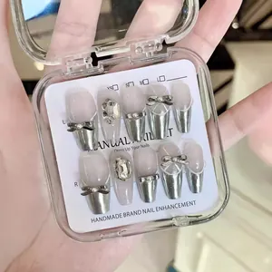 Handmade Press-on Nails Coffin Ballet Shape Silver Metallic Pink Bow Rhinestone 3D Luxury Decorative False Nail Art Tips