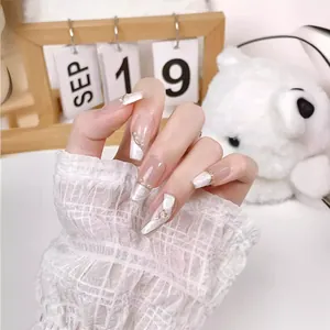 Handmade French Nude Pink Press On Nails Elegant Marble Texture Gold Line Artificial Pearl Decor Long Coffin Shape Artificial Nails For Women