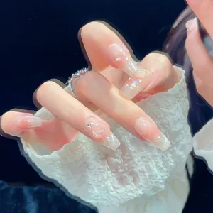 Handcrafted Press On Nails 3D Relief White Rose Pearl Rhinestone Nude Pink Gradient Fake Nails Elegant Trapezoid Manicure For Women
