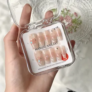 Handmade press-on nails with nude gradient, 3D roses and pearls in a clear display box