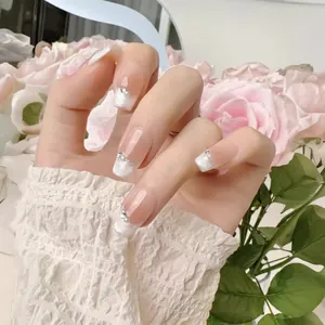Handmade French Blush Coffin Press On Nails Nude Pink Gradient With Rhinestones Faux Pearls False Nails For Women Jewelry