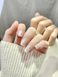 Detail of silver cat-eye press-on nails with rainbow butterfly sequins and glitter finish