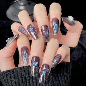 Handmade Long Coffin Press On Nails Romantic Swan Lake Cat Eye Aurora Butterfly Star Glitter Detachable Fake Nails For Women Luxury Manicure