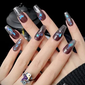Handmade aurora coffin press-on nails with silver glitter, cat eye finish and 3D butterfly art