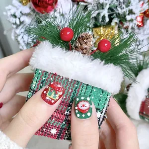 Handmade Christmas press-on nails featuring 3D Santa Claus and green gift box designs