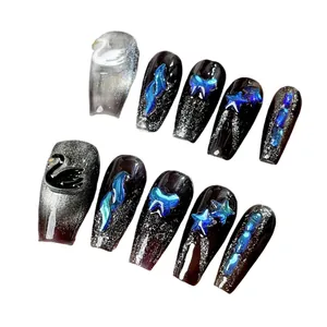 Handmade press-on nails featuring 3D black swan and glitter gradient long trapezoid shape