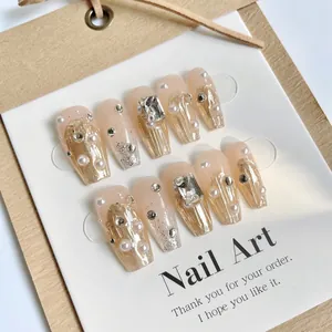 Handmade Coffin Press On Nails Nude Pink Luxury Rhinestone Faux Artificial Pearl Gold Foil Decor Fake Nails For Women Daily Party