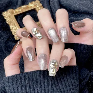 Handmade Luxury Cat Eye Coffin Press On Nails With Rhinestone Glitter French Style Begonia Pink Fake Nails For Women Art