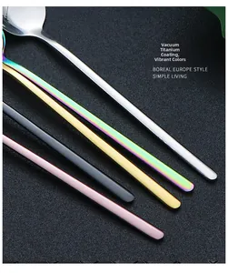 Detail of vacuum titanium plated long handle stainless steel spoons in five vibrant colors