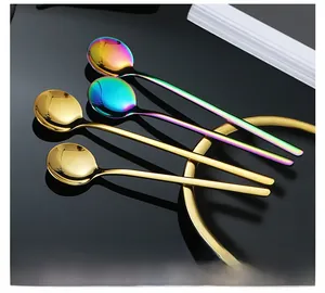 Macro detail of high-quality polished 304 stainless steel spoons in gold and rainbow finish