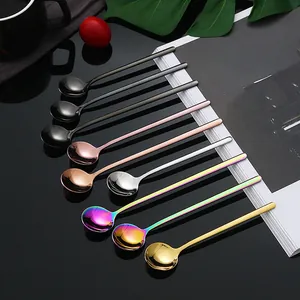 Set of 9 stainless steel coffee spoons in multi-color finishes with long handles