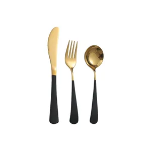 Ménagère 3 pièces moderne en acier inoxydable or et noir avec couteau fourchette cuillère