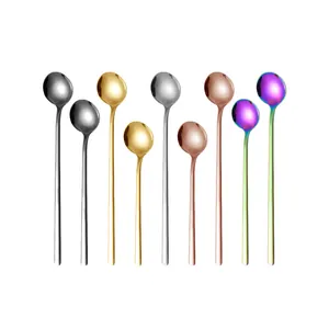 9-piece set of long-handled colorful stainless steel round spoons for coffee and desserts
