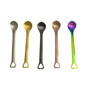 Lot de 5 cuillères chat en acier inoxydable 304 avec manche cœur en plusieurs coloris