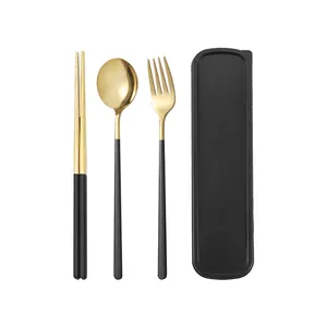 3-teiliges tragbares Besteckset aus Edelstahl 304 mit schwarzer Box für Outdoor-Reisen