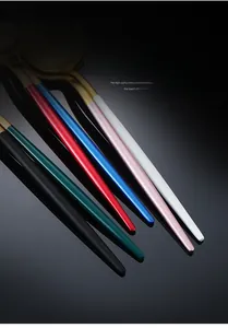 Dettaglio dei manici laccati colorati delle posate in acciaio inox con inserti in faggio