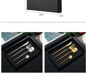 Dettaglio set posate 4 pezzi in acciaio inossidabile con dimensioni e confezione regalo