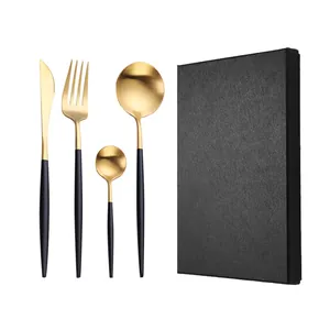 Set di posate da 4 pezzi nero e oro in acciaio inossidabile con confezione regalo premium