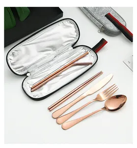 Detail of rose gold stainless steel cutlery set with portable black zipper storage case