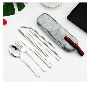 Macro view of portable stainless steel cutlery set with grey felt carry case