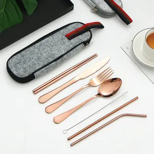 Portable Stainless Steel Tableware Tableware With Felt Travel Pouch Mirror Polished Knife Fork Spoon Chopsticks Straws Cleaning Brush For Picnic Camping Outdoor Office