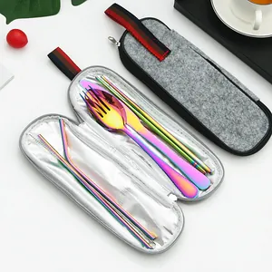 Rainbow stainless steel cutlery set with portable felt storage bags for outdoor travel