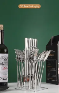 24-piece stainless steel cutlery set with storage rack in a black gift box