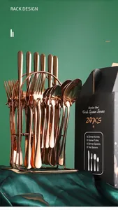 Detailed view of 24-piece rose gold stainless steel cutlery set with storage rack and box