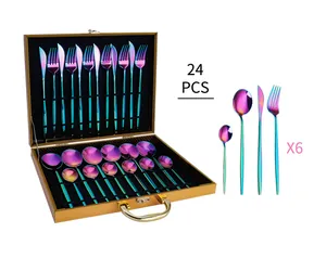 Détail du service de table 24 pièces en acier arc-en-ciel avec coffret cadeau doré