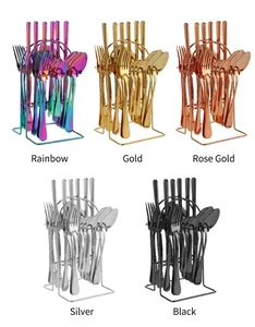 Flatware set details showing Rainbow, Gold, Rose Gold, Silver and Black finishes