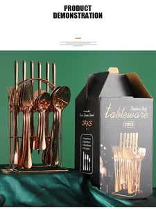24-piece rose gold stainless steel cutlery set with storage rack and gift box