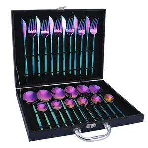 Ménagère 24 pièces en acier inoxydable irisé avec couteaux et fourchettes en coffret noir