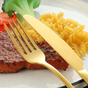 Polished gold stainless steel cutlery set with steak knife and fork on a ceramic dinner plate