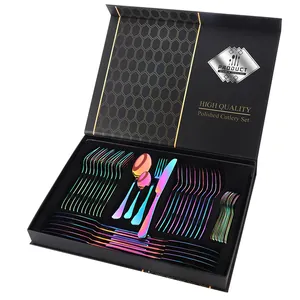 Rainbow 48-piece stainless steel cutlery set in a premium black geometric gift box
