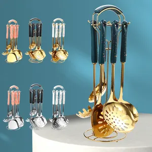 Nordic Stainless Steel Kitchen Utensil Set With Ceramic Handle Gold Silver Plated Cooking Spoon Spatula Slotted Ladle Rack Gift